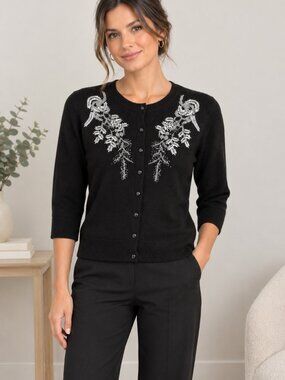 Cable & Gauge Black Cardigan with Silver Beads 3/4 Sleeve Size S